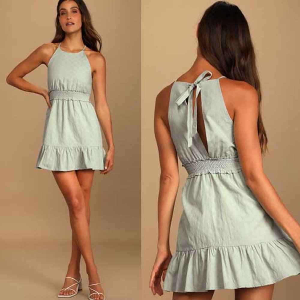 Lulu's Summer Sweetheart Sage Green Ruffled Mini Dress M